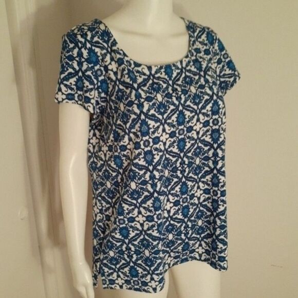 roz ali top m blue white paisley print summer short sleeve knit blouse shirt - Picture 2 of 5